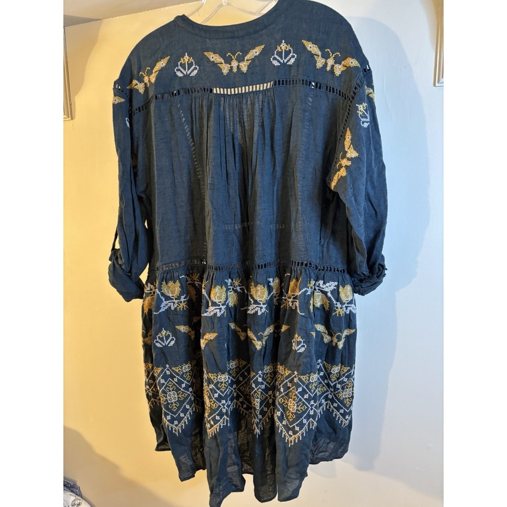 FREE PEOPLE Teal Blue Butterfly Flower Embroidered Dress S V Neck Boho - Picture 6 of 7